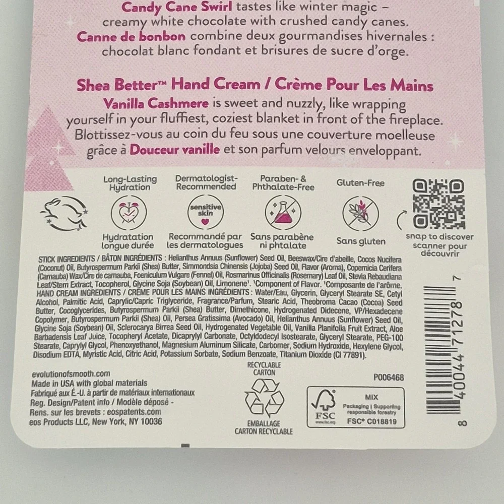 EOS Candy Cane Swirl Lip Balm & Vanilla Cashmere Hand Cream Lotion Holiday